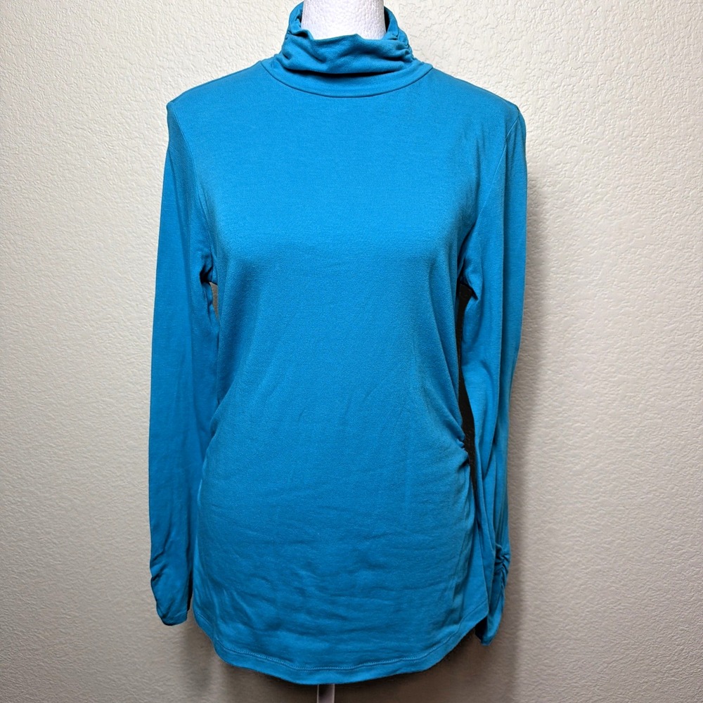 Isela Womens Small Teal Cyan Blue Mock Neck Layering Top Ruched Side Fitted Tee